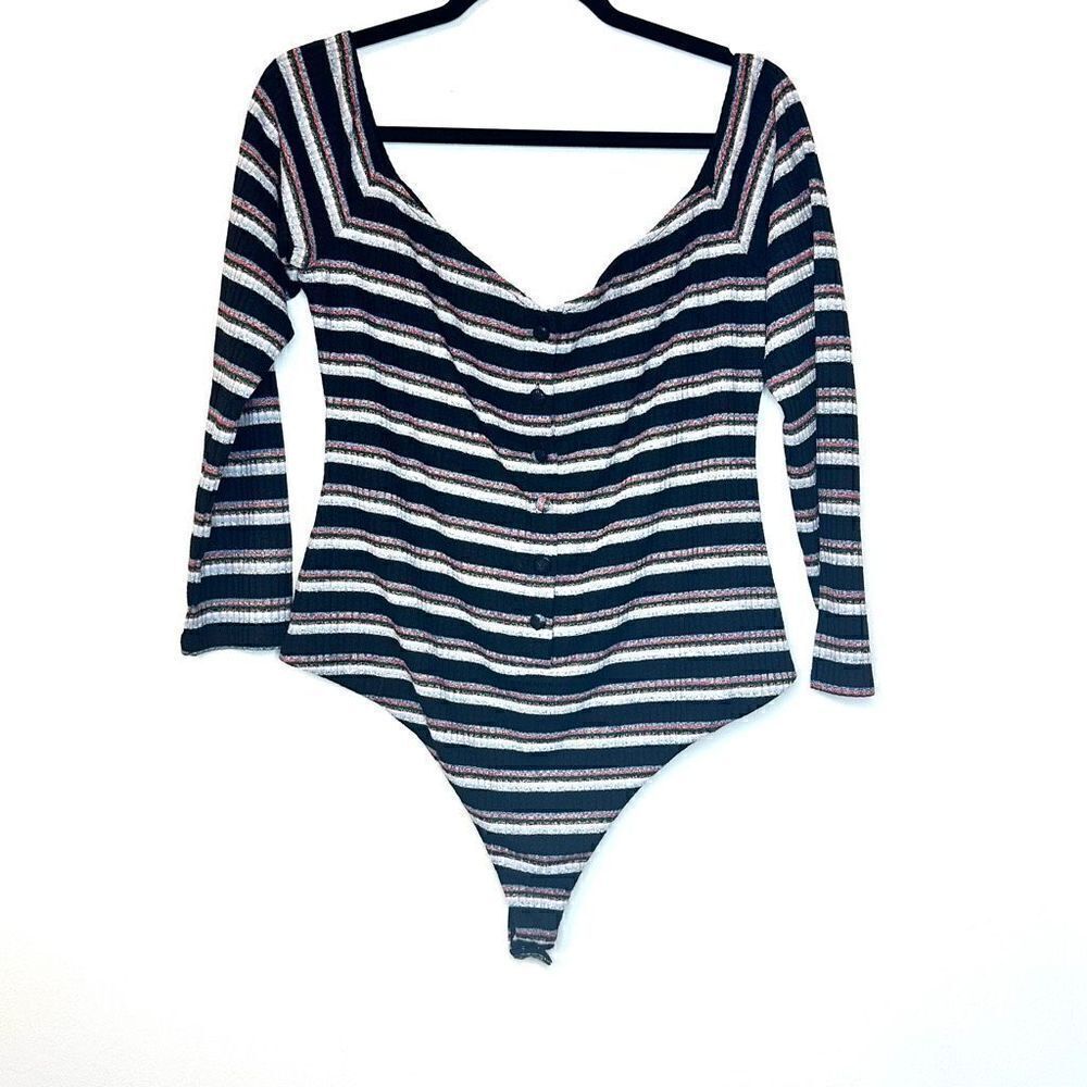 Privacy Please Revolve Hartford Metallic Ribbed Stripe Black Bodysuit Size XL